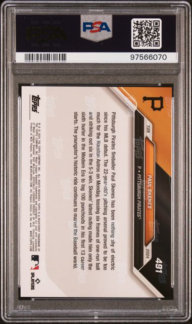 Graded 2024 Topps Now Paul Skenes #491 Rookie RC Baseball Card PSA 10 Gem Mint