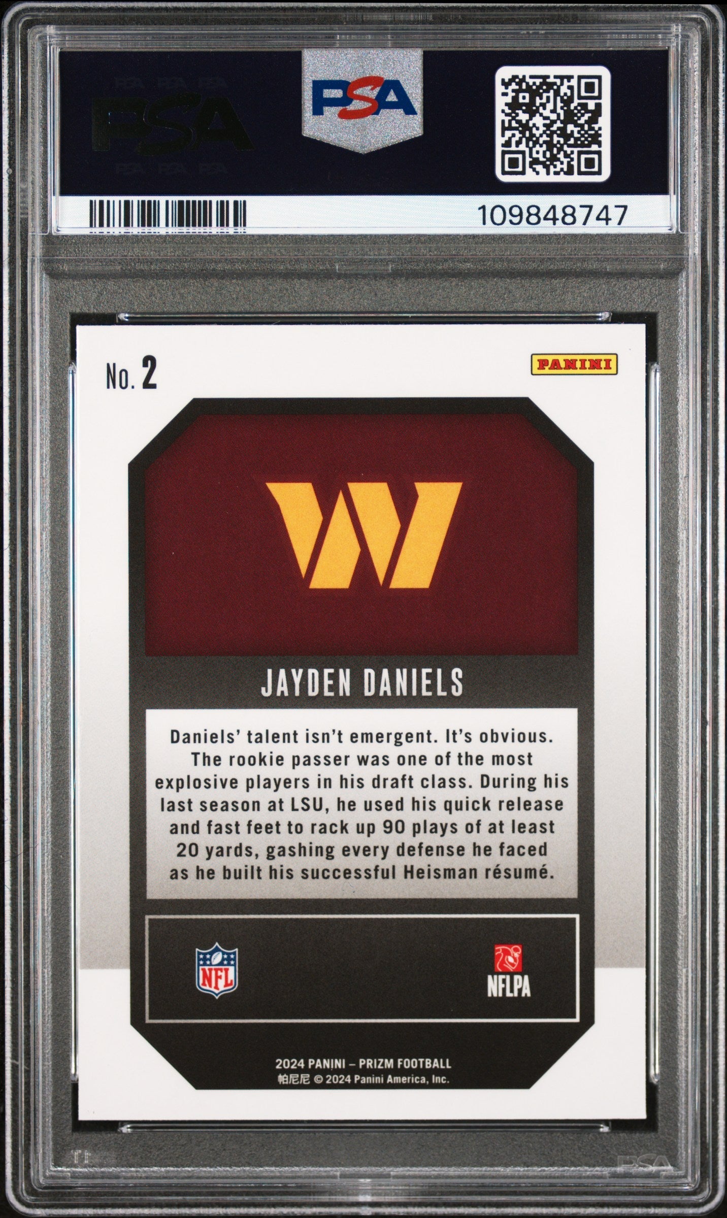 Graded 2024 Panini Prizm Jayden Daniels #2 Emergent Rookie RC Football Card PSA 10 Gem Mint