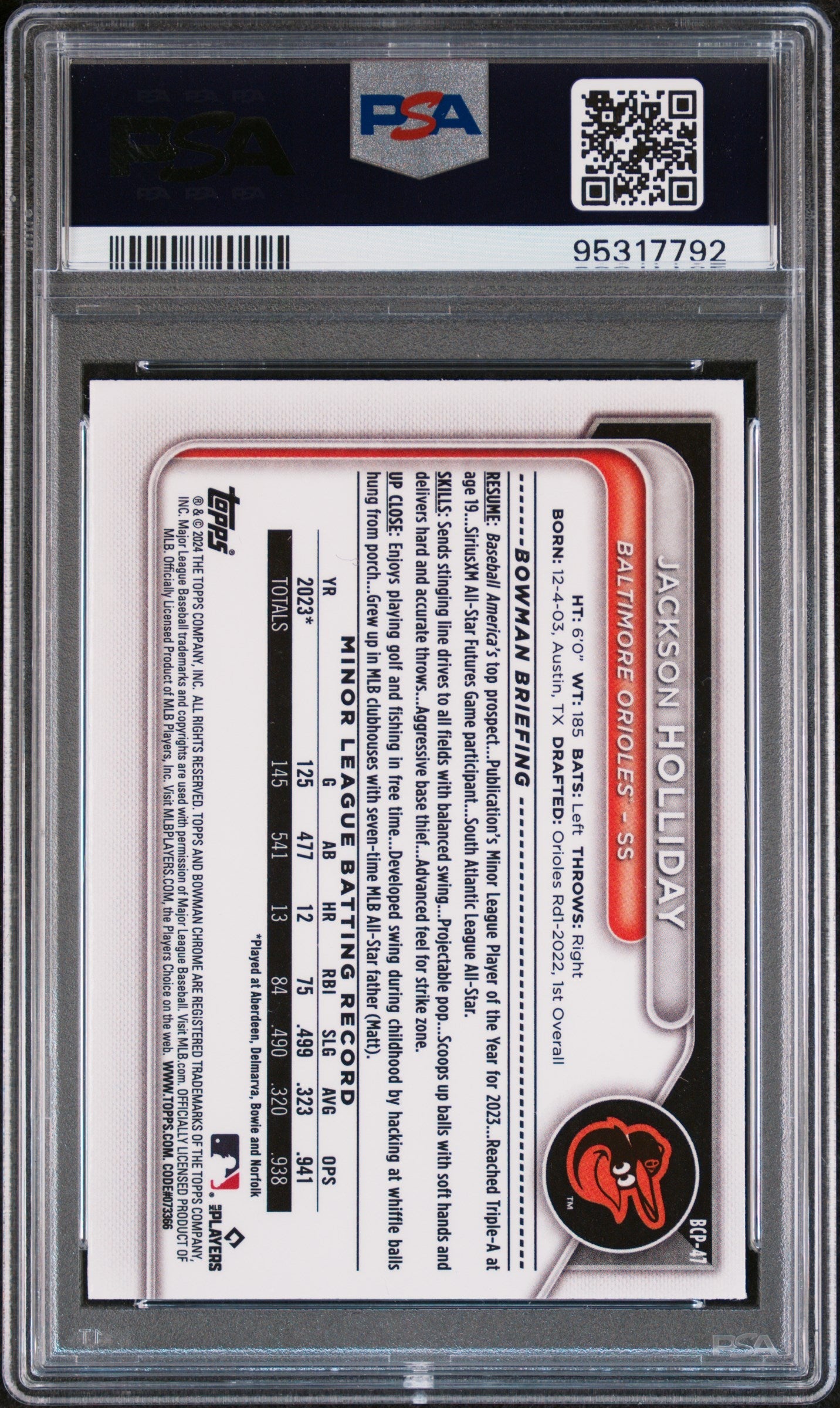 Graded 2024 Topps Bowman Mega Box Jackson Holliday #47 Chrome Prospects Rookie RC Baseball Card PSA 10 Gem Mint