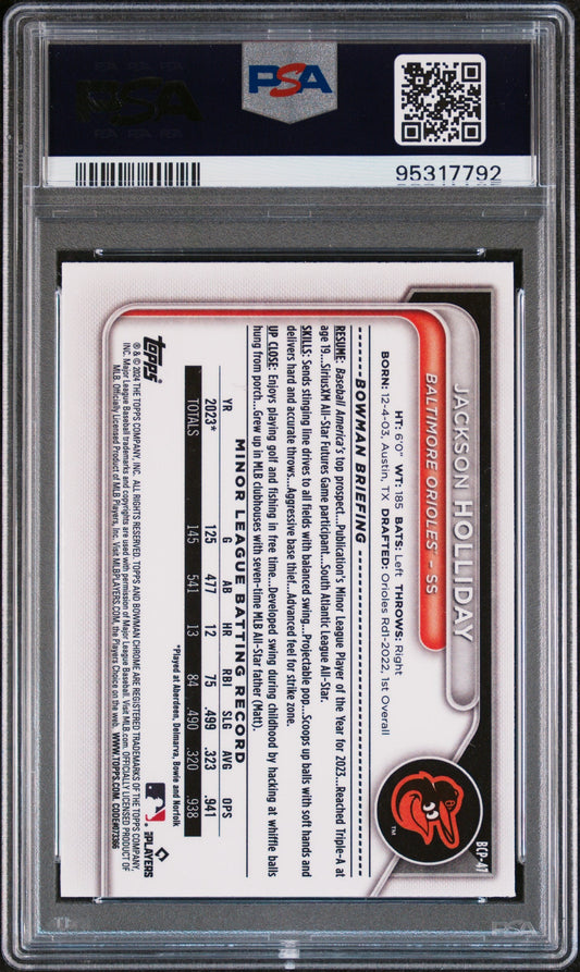 Graded 2024 Topps Bowman Mega Box Jackson Holliday #47 Chrome Prospects Rookie RC Baseball Card PSA 10 Gem Mint