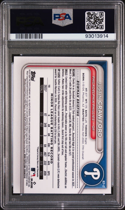 Graded 2024 Topps Bowman Justin Crawford #BCP17 Chrome Prospects Lunar Glow Rookie RC Baseball Card PSA 10 Gem Mint