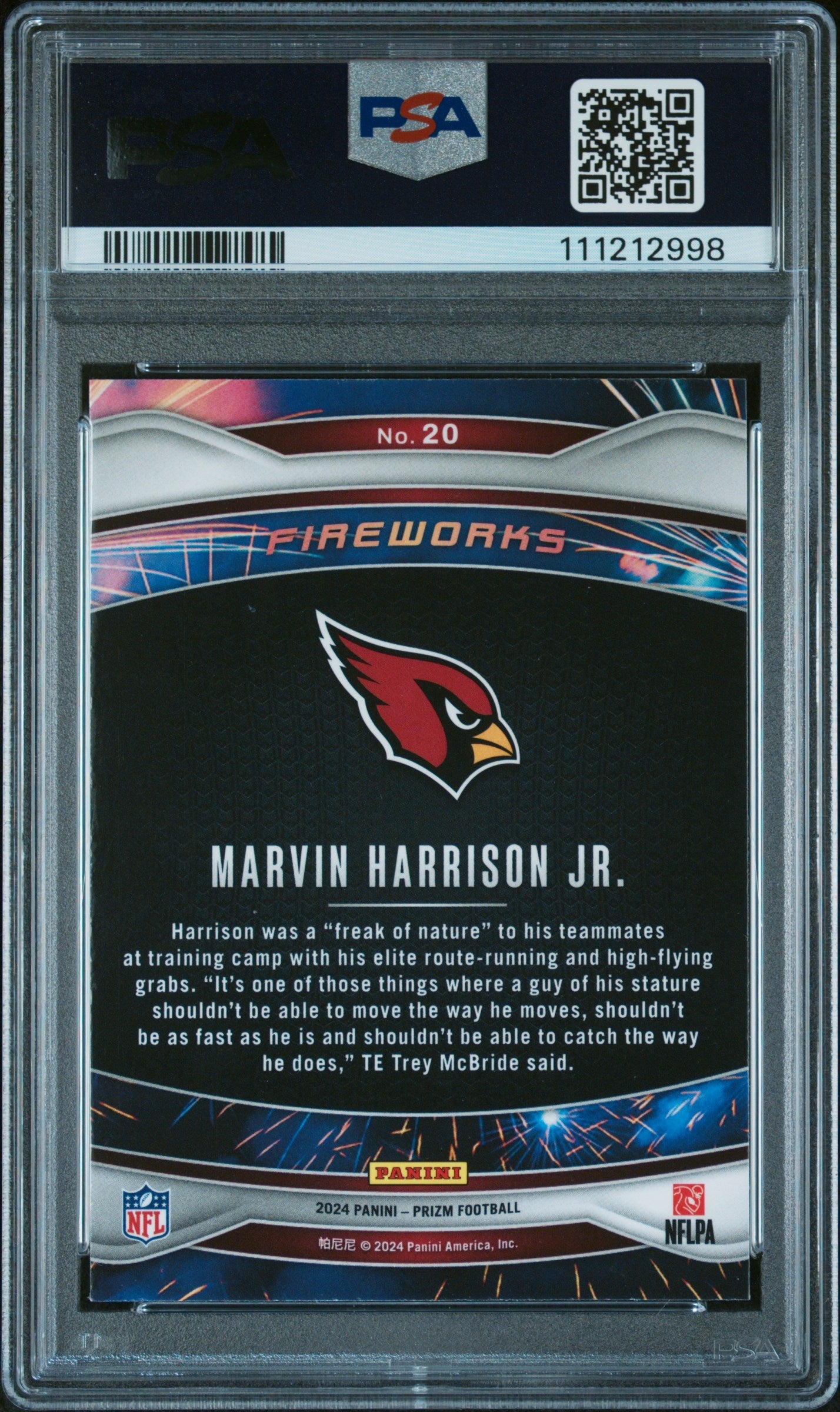 Graded 2024 Panini Prizm Marvin Harrison Jr #20 Fireworks Rookie RC Football Card PSA 10 Gem Mint