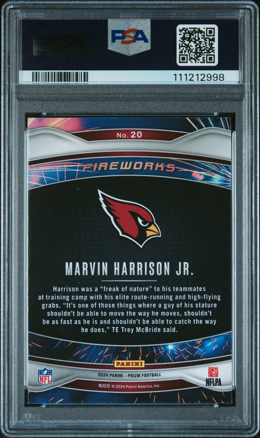 Graded 2024 Panini Prizm Marvin Harrison Jr #20 Fireworks Rookie RC Football Card PSA 10 Gem Mint