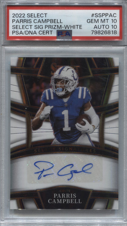 2022 Select Parris Campbell White Prizm Auto /50 PSA 10 Auto 10 Colts