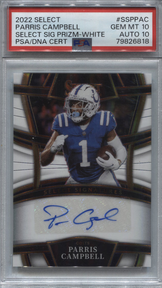 2022 Select Parris Campbell White Prizm Auto /50 PSA 10 Auto 10 Colts