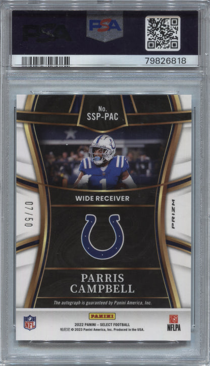 2022 Select Parris Campbell White Prizm Auto /50 PSA 10 Auto 10 Colts