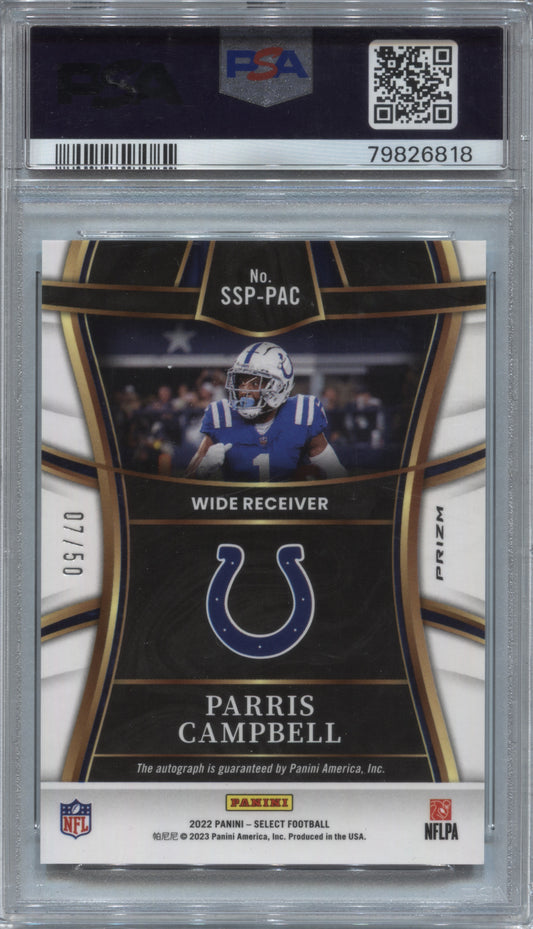 2022 Select Parris Campbell White Prizm Auto /50 PSA 10 Auto 10 Colts