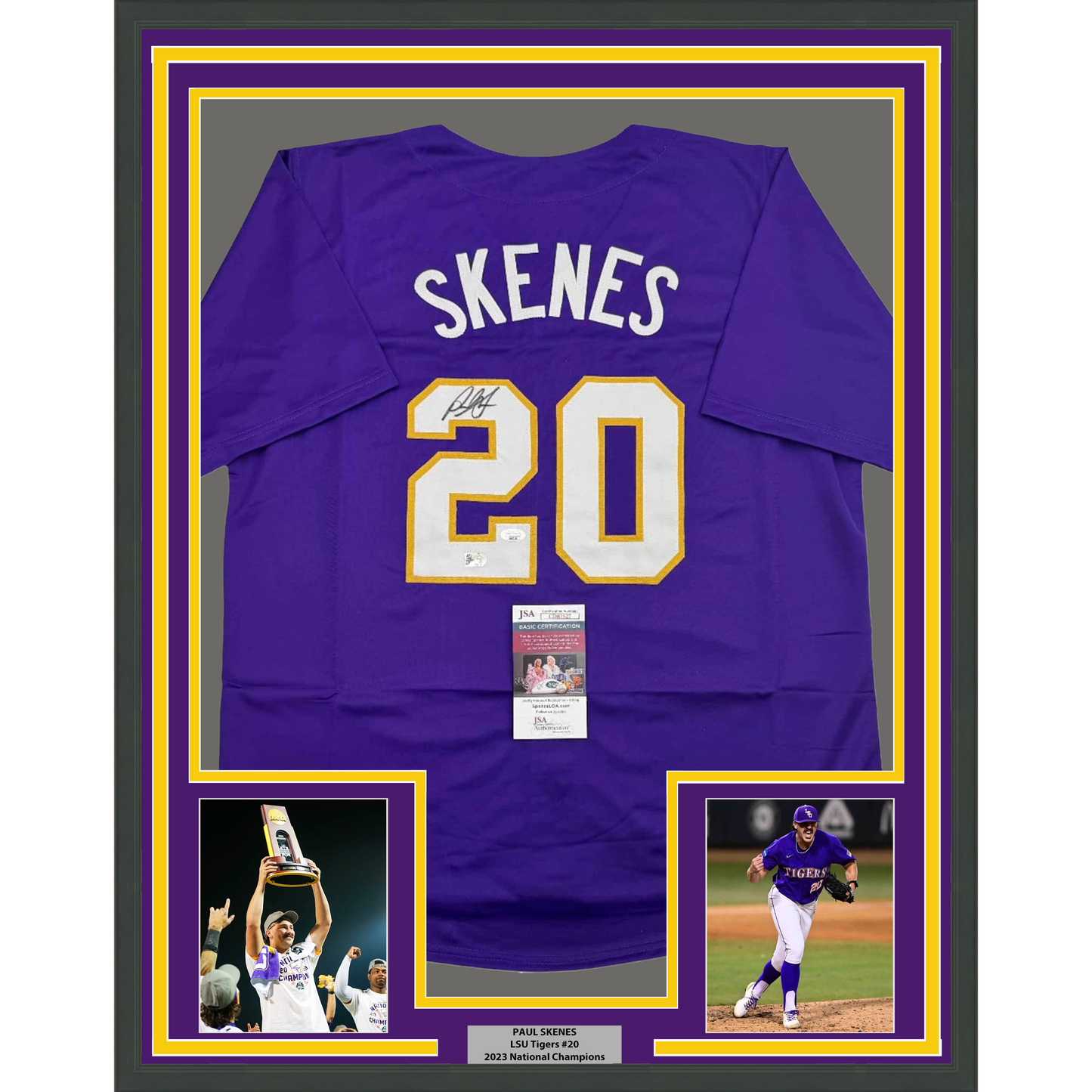 Framed Autographed/Signed Paul Skenes 35x39 Purple LSU College Baseball Jersey JSA COA