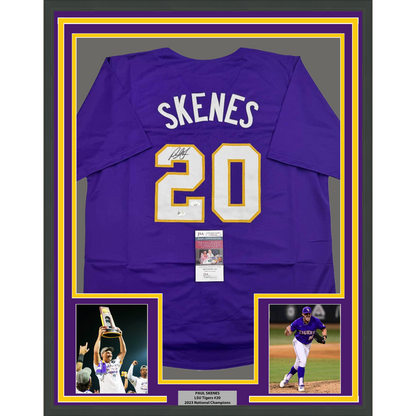 Framed Autographed/Signed Paul Skenes 35x39 Purple LSU College Baseball Jersey JSA COA
