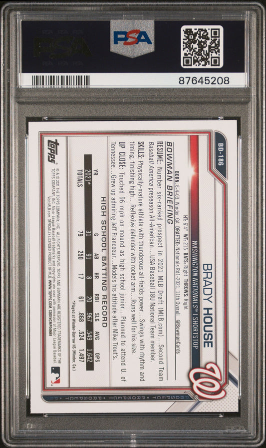 Graded 2021 Topps Bowman Draft Brady House #BD186 Rookie RC Baseball Card PSA 10 Gem Mint