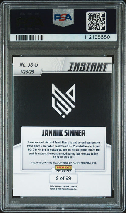 Graded 2024 Panini Instant Jannik Sinner #JS5 Autograph /99 Rookie RC Tennis Card PSA 10 Gem Mint Auto Grade PSA 10 Gem Mint