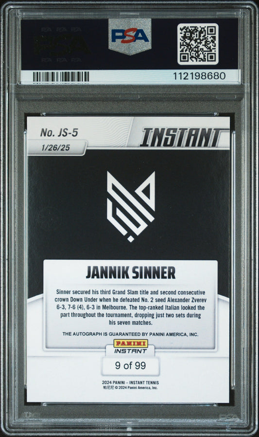 Graded 2024 Panini Instant Jannik Sinner #JS5 Autograph /99 Rookie RC Tennis Card PSA 10 Gem Mint Auto Grade PSA 10 Gem Mint