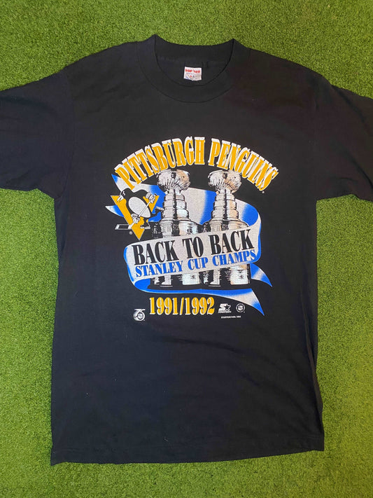 1992 Pittsburgh Penguins - Back to Back Stanley Cup Champs - Double Sided - Vintage NHL T-Shirt (Large)