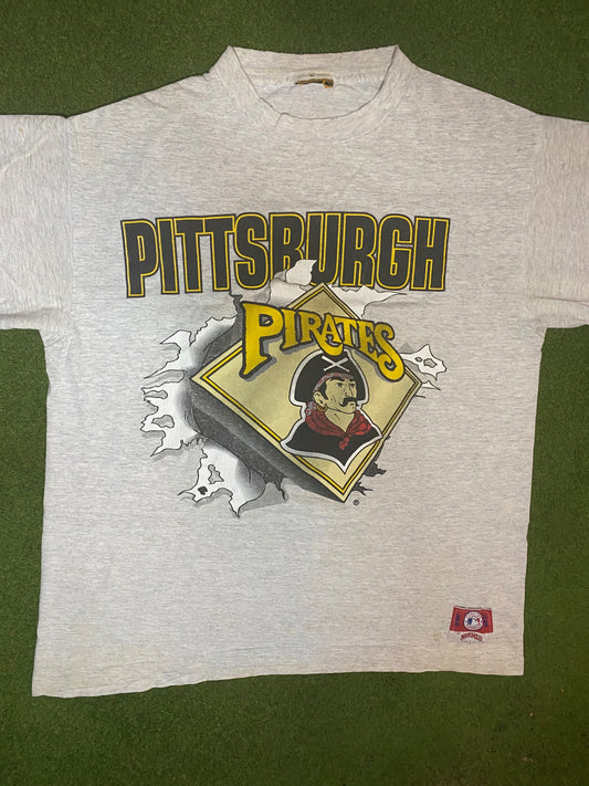 90s Pittsburgh Pirates - Break Thru Double Sided - Vintage MLB T-Shirt (Large) Gametime Vintage