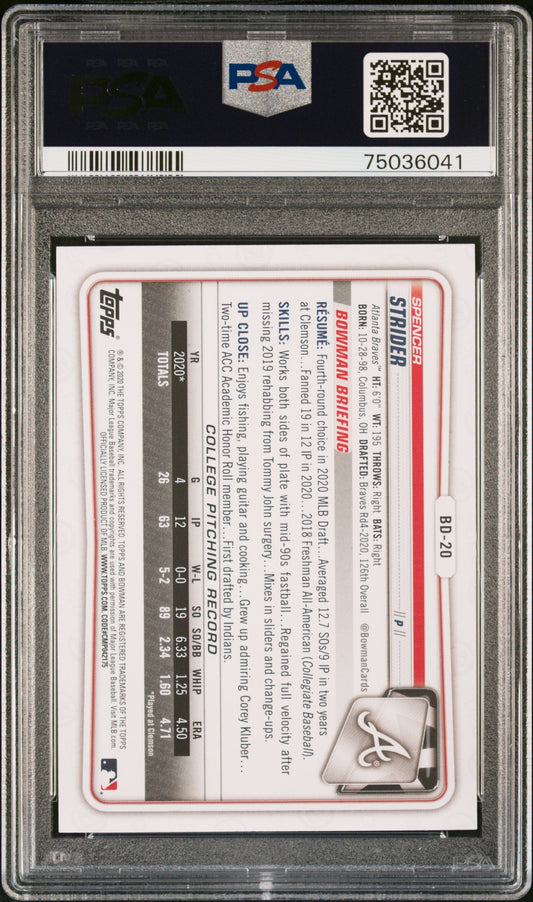 Graded 2020 Topps Bowman Draft Spencer Strider #BD20 Rookie RC Baseball Card PSA 10 Gem Mint