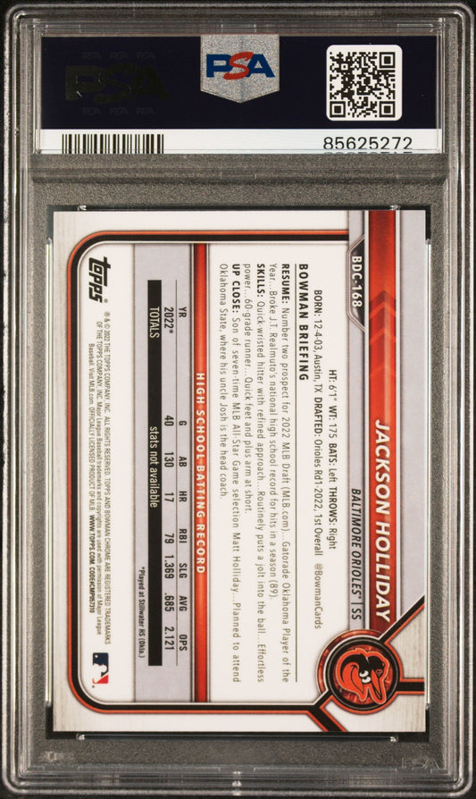 Graded 2022 Topps Bowman Draft Jackson Holliday #BDC168 Chrome Rookie RC Baseball Card PSA 10 Gem Mint