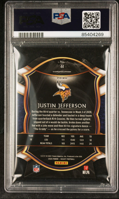 Graded 2020 Panini Select Justin Jefferson #61 Die Cut Purple Prizm Rookie RC Football Card PSA 10 Gem Mint