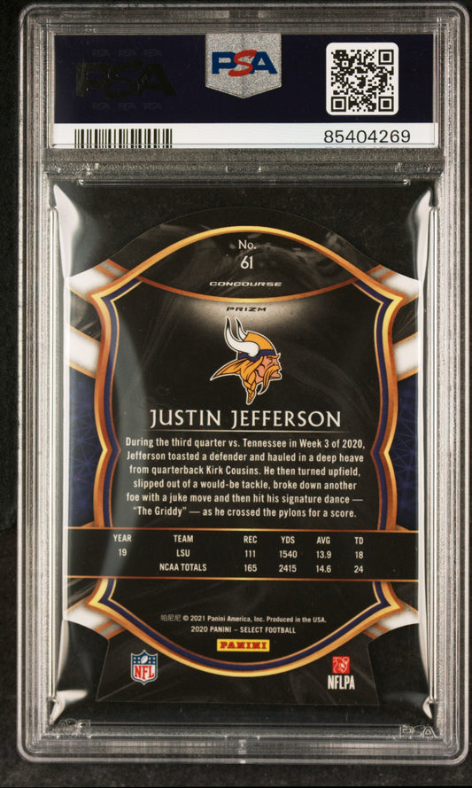 Graded 2020 Panini Select Justin Jefferson #61 Die Cut Purple Prizm Rookie RC Football Card PSA 10 Gem Mint