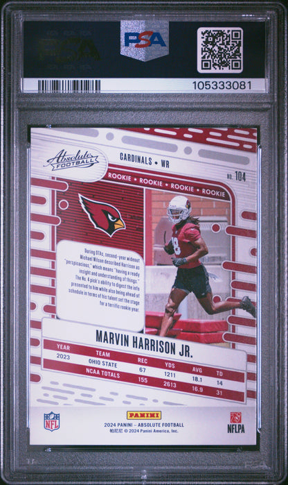 Graded 2024 Panini Absolute Marvin Harrison Jr #104 Rookie RC Football Card PSA 10 Gem Mint