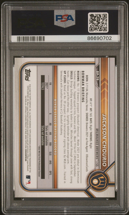 Graded 2022 Topps Bowman Jackson Chourio #BP79 Paper Prospects Rookie RC Baseball Card PSA 10 Gem Mint