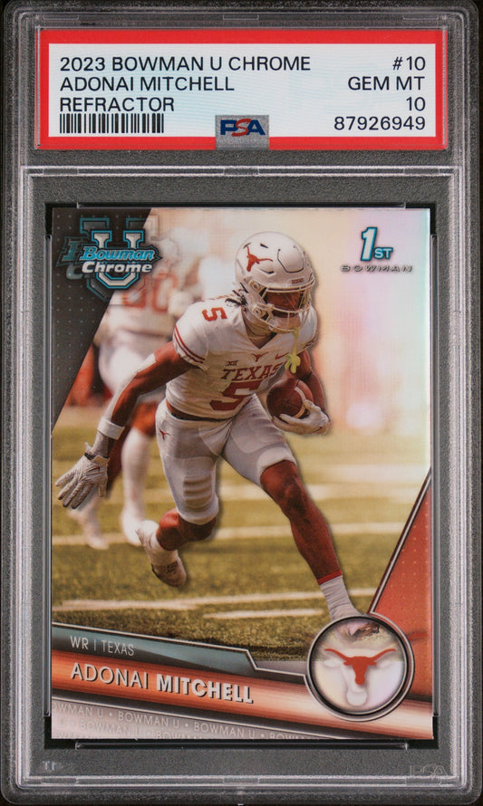 Graded 2023 Topps Bowman U Chrome Adonai Mitchell #10 Refractor Rookie RC Football Card PSA 10 Gem Mint