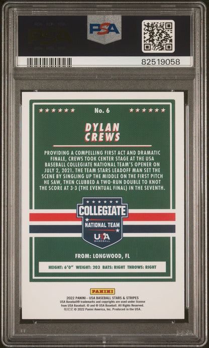 Graded 2021 Panini Stars & Stripes USA Dylan Crews #6 Rookie RC Baseball Card PSA 10 Gem Mint