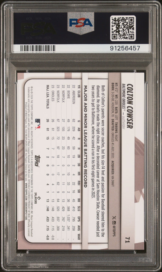 Graded 2024 Topps Big League Colton Cowser #71 Electric Orange Rookie RC Baseball Card PSA 10 Gem Mint
