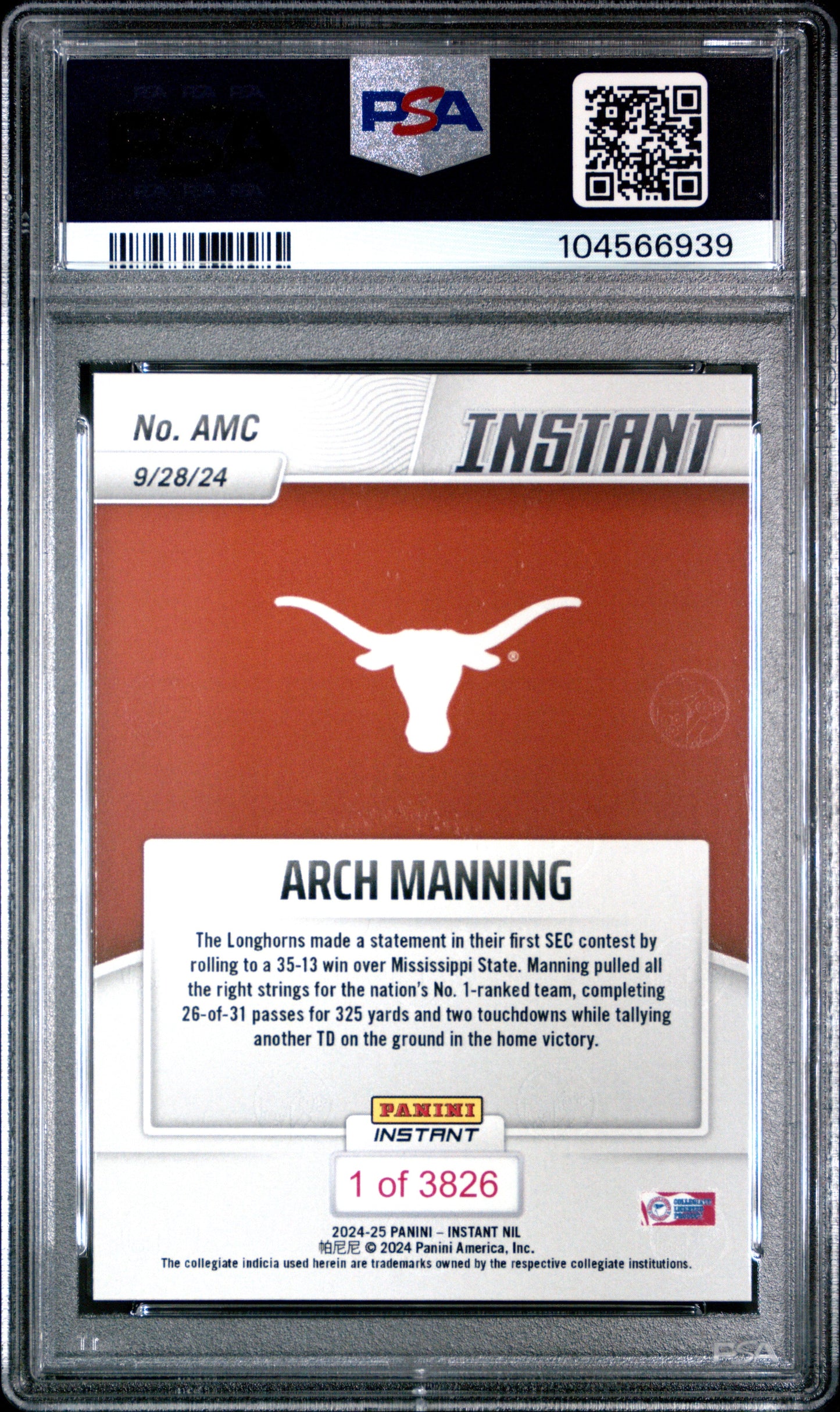 Graded 2024 Panini Instant NIL Arch Manning #AMC Rookie RC Football Card PSA 8 Near Mint