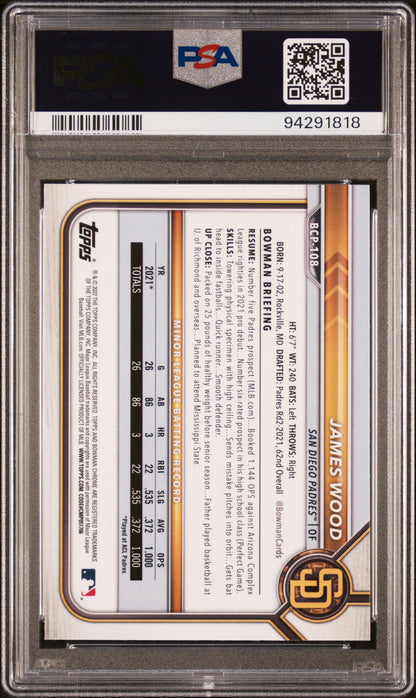 Graded 2022 Topps Bowman James Wood #BCP108 Chrome Prospects Rookie RC Baseball Card PSA 10 Gem Mint