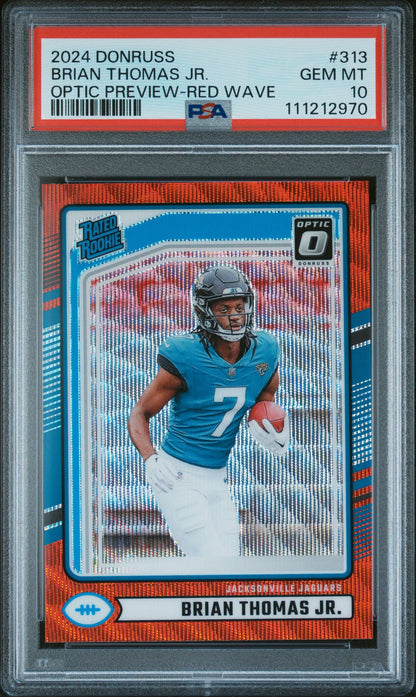 Graded 2024 Panini Donruss Brian Thomas Jr #313 Optic Preview Red Wave Rookie RC Football Card PSA 10 Gem Mint