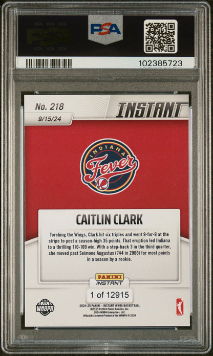 Graded 2024 Panini Instant WNBA Caitlin Clark #218 Rookie RC Basketball Card PSA 9 Mint
