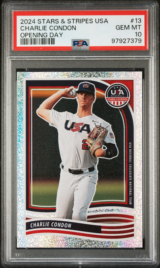 Graded 2024 Panini Stars & Stripes USA Charlie Condon #13 Opening Day Rookie RC Baseball Card PSA 10 Gem Mint