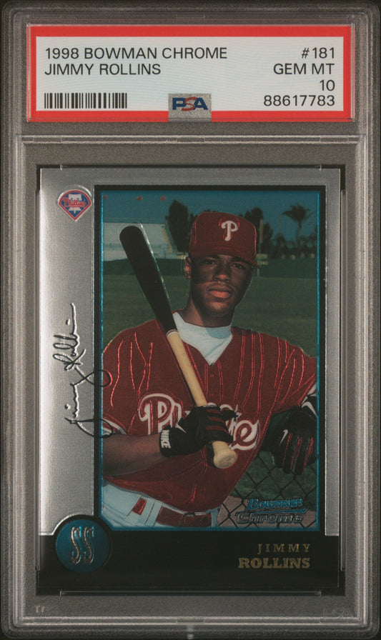 Graded 1998 Topps Bowman Chrome Jimmy Rollins #181 Rookie RC Baseball Card PSA 10 Gem Mint
