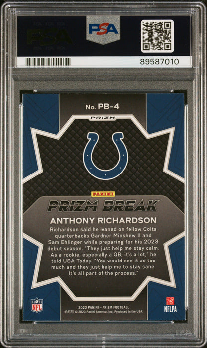 Graded 2023 Panini Prizm Anthony Richardson #PB4 Prizm Break Green Ice Rookie RC Football Card PSA 10 Gem Mint