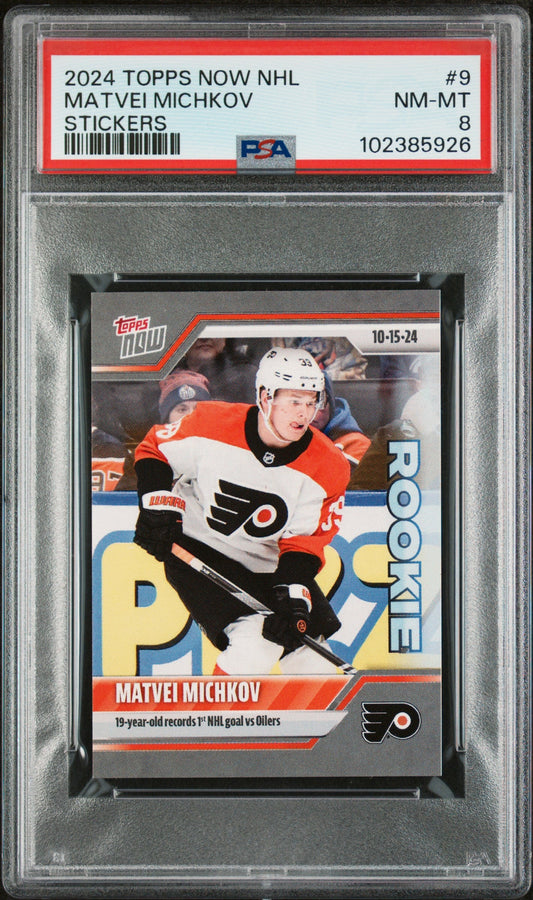 Graded 2024 Topps Now NHL Matvei Michkov #9 Stickers Rookie RC Hockey Card PSA 8 Near Mint