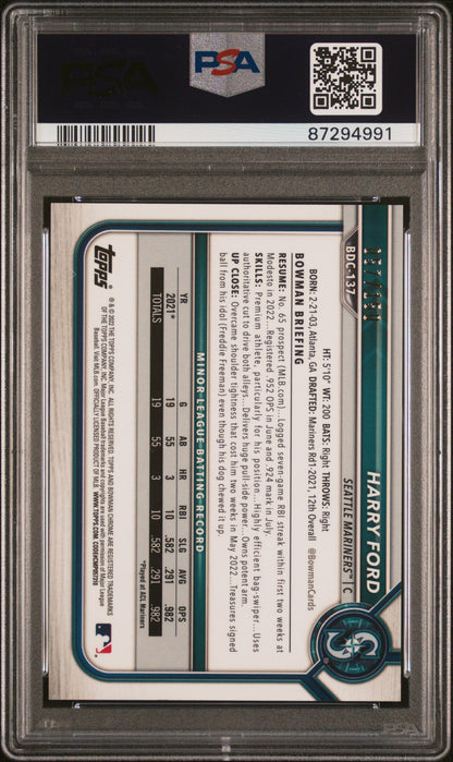Graded 2022 Topps Bowman Draft Harry Ford #BDC137 Chrome Blue Refractor #/150 Rookie RC Baseball Card PSA 10 Gem Mint