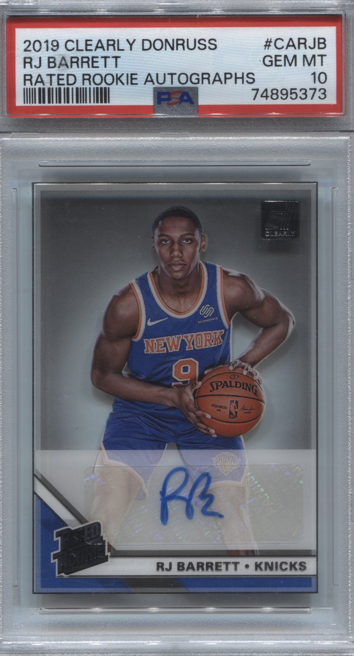 2019-20 Clearly Donruss RJ Barrett Rated Rookie Auto PSA 10 Knicks #CA-RJB