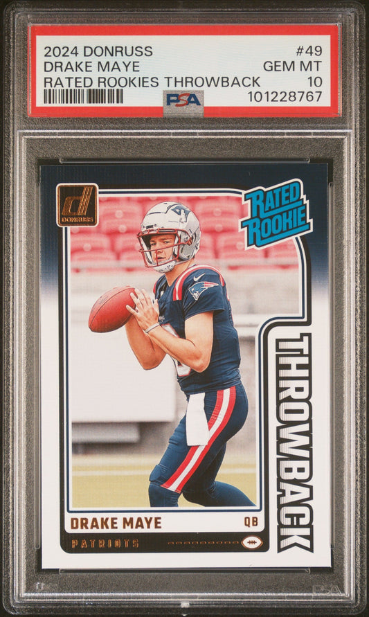 Graded 2024 Panini Donruss Drake Maye #49 Rated Rookies Throwback Rookie RC Football Card PSA 10 Gem Mint