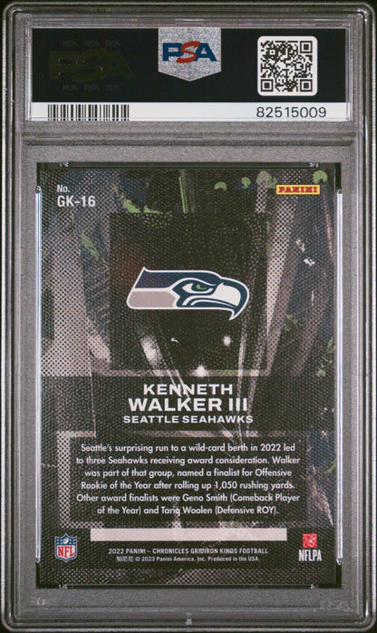 Graded 2022 Panini Chronicles Kenneth Walker #GK16 Gridiron Kings Rookie RC Football Card PSA 10 Gem Mint