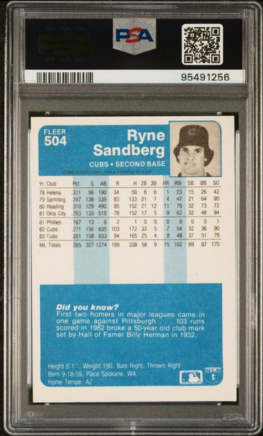 Graded 1984 Fleer Ryne Sandberg #504 2nd Year Baseball Card PSA 9 Mint