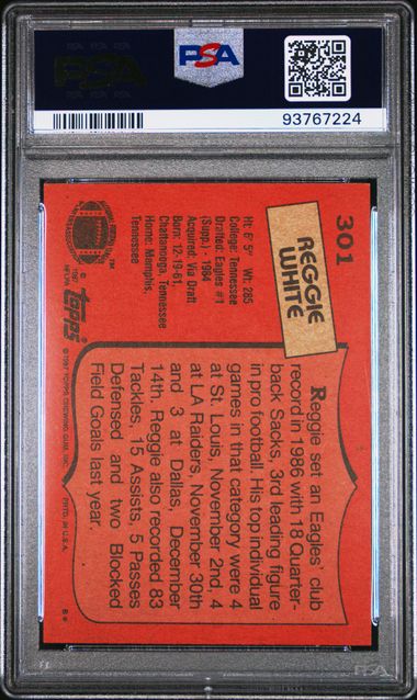 Graded 1987 Topps Reggie White #301 2nd Year Football Card PSA 9 Mint