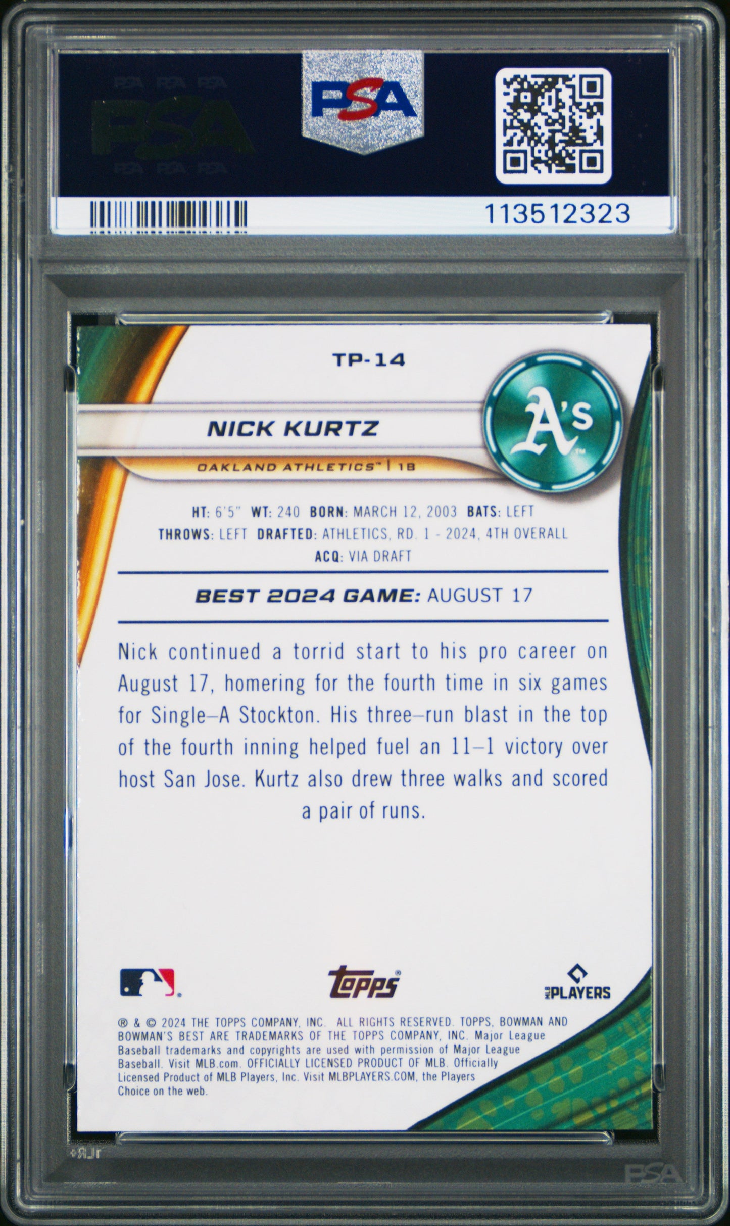Graded 2024 Topps Bowmans Best Nick Kurtz #TP14 Top Prospects Purple Refractor /250 Rookie RC Baseball Card PSA 10 Gem Mint