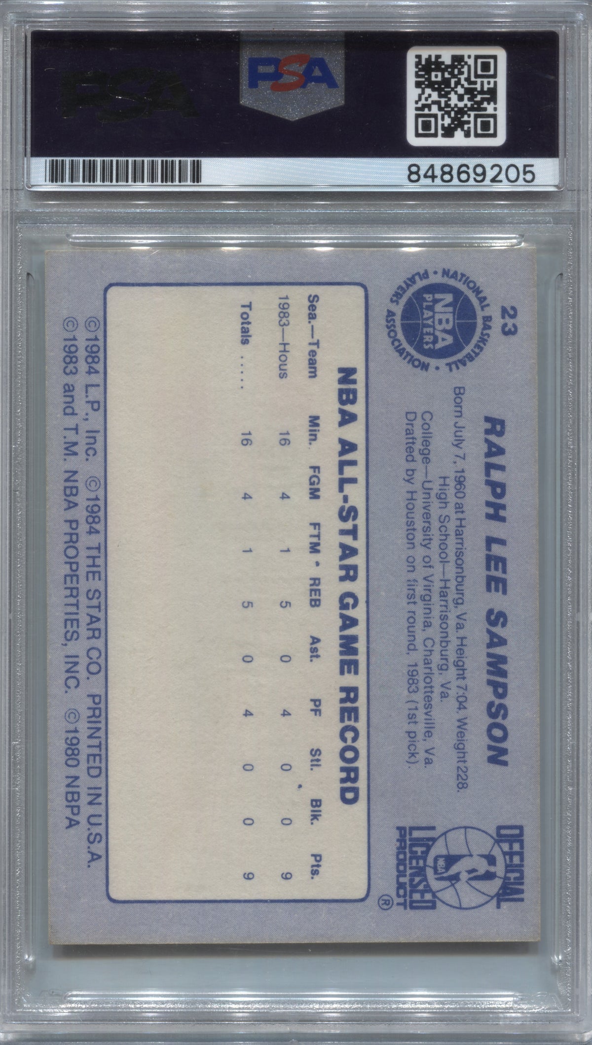 1984 Star All-Star Game Ralph Sampson #23 Signed PSA/DNA Auto 10 Rockets