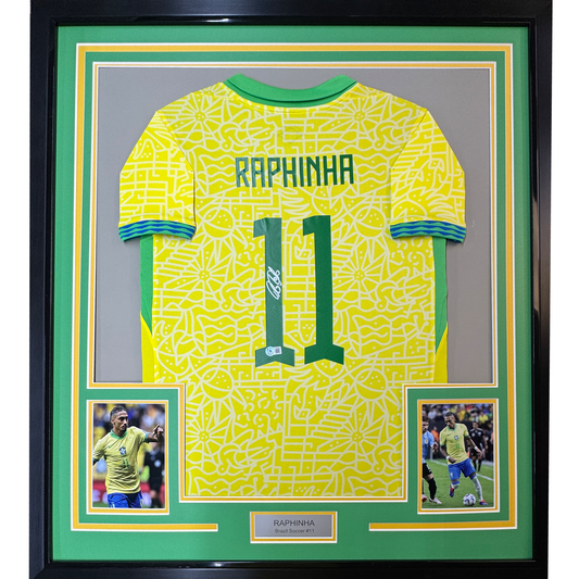 Framed Autographed/Signed Raphinha Raphael Belloli 35x39 Brazil Yellow Soccer Jersey Beckett BAS COA