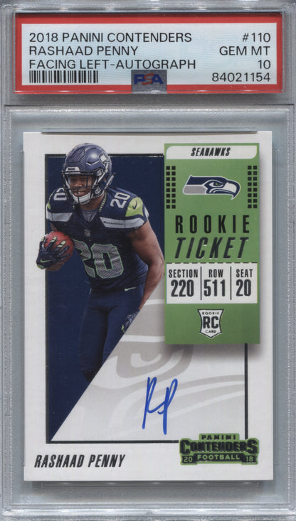 2018 Panini Contenders Rashaad Penny Rookie Ticket Auto #110 Facing Left PSA 10