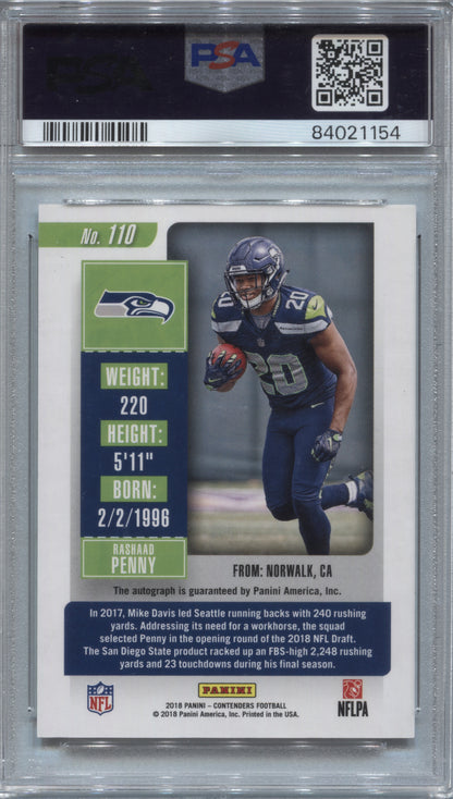 2018 Panini Contenders Rashaad Penny Rookie Ticket Auto #110 Facing Left PSA 10
