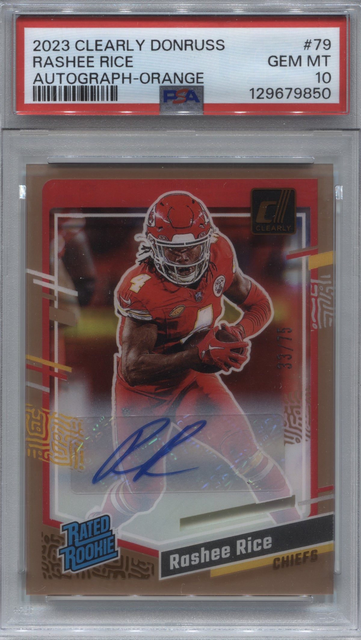 2023 Panini Clearly Donruss Rashee Rice Orange Rated Rookie Auto /75 #79 PSA 10