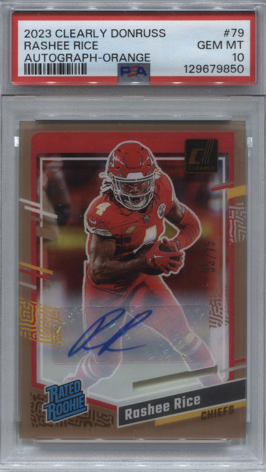 2023 Panini Clearly Donruss Rashee Rice Orange Rated Rookie Auto /75 #79 PSA 10