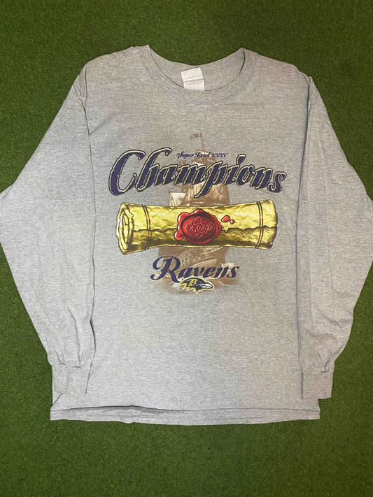 2001 Baltimore Ravens - Super Bowl XXXV Champions - Double Sided - Vintage NFL Longsleeve (Large) Gametime Vintage