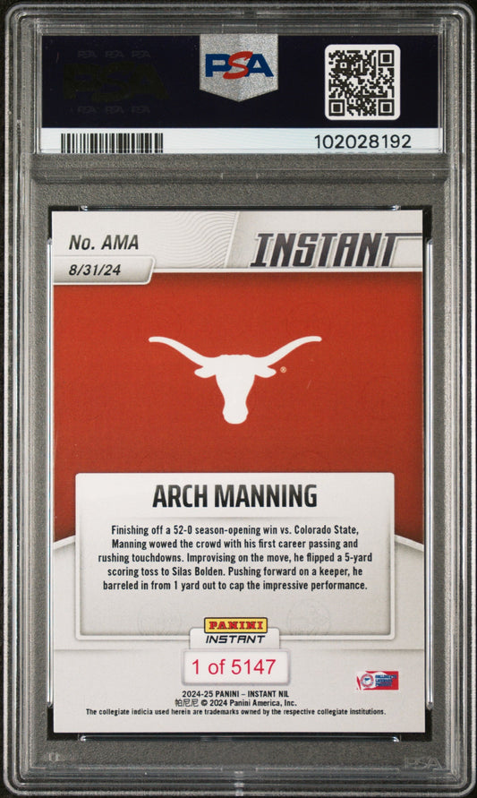 Graded 2024 Panini Instant NIL Arch Manning #AMA First Career Touchdown Pass Rookie RC Football Card PSA 10 Gem Mint